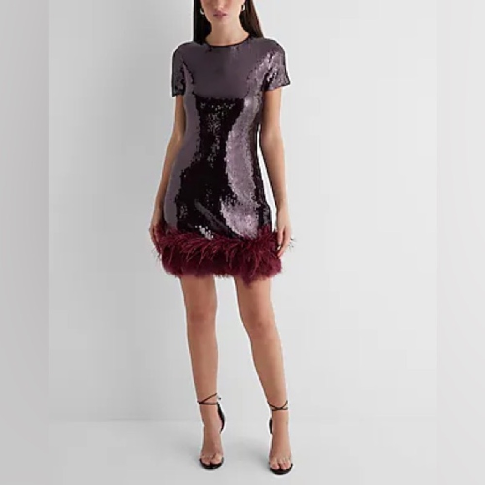 EXPRESS Sequin Crew Neck Feather Hem Mini Dress